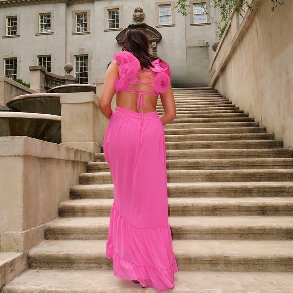 Pink Ruffled Lace-Up-Back Gown - Picture 3 of 3